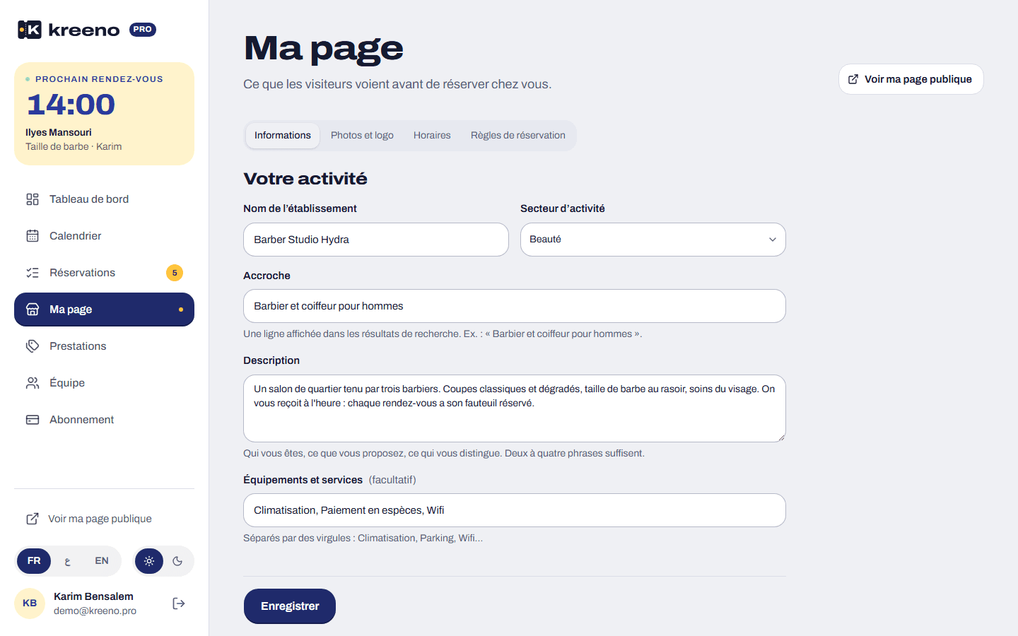L’écran « Ma page » : nom, description, adresse et position sur la carte.